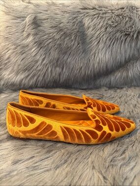 Birdies Velvet Embroidered Orange & Gold Flats